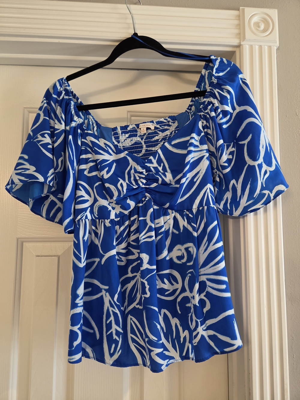 Skies Are Blue Royal Blue & White Floral Off-Shoulder Flutter Top